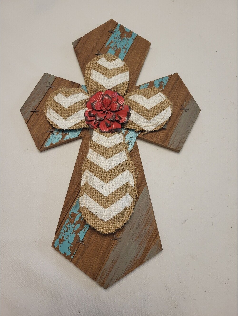 Rustic Wooden 14"x9.5" Cross with Burlap and Red Flower Accent